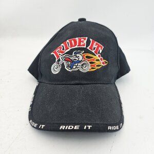 Ride It Black Motorcycle Flame Baseball Cap Hat Lid Strap Back